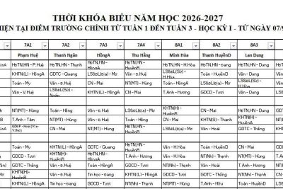 THỜI KHÓA BIỂU NĂM HỌC 2026-2027 (THỰC HIỆN TẠI ĐIỂM TRƯỜNG CHÍNH TỪ TUẦN 1 ĐẾN TUẦN 3 – HỌC KỲ I – TỪ NGÀY 07/9/2026)